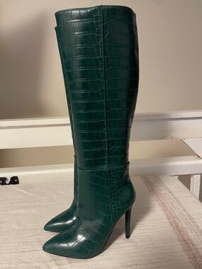 Guess Dark Green Croc-Embossed Over-the-Knee Pointed-Toe Stiletto Boots